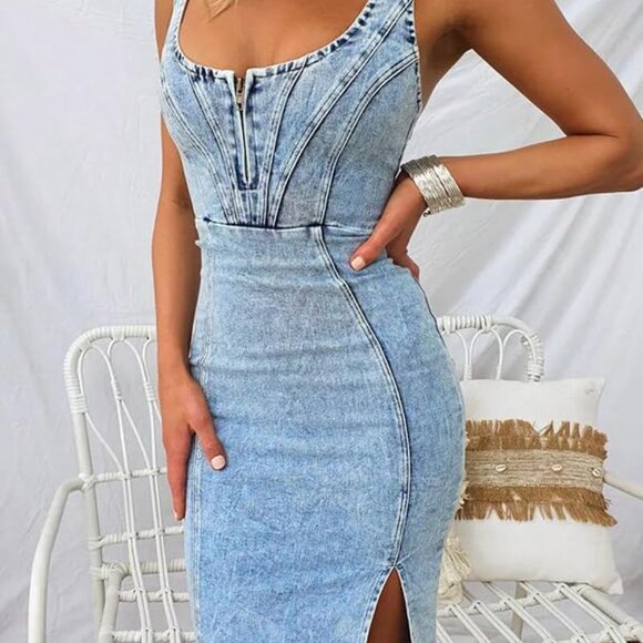 Women's Denim Dress Sexy V Neck Side Slit Bodycon Sleeveless Mini - Picture 2 of 6